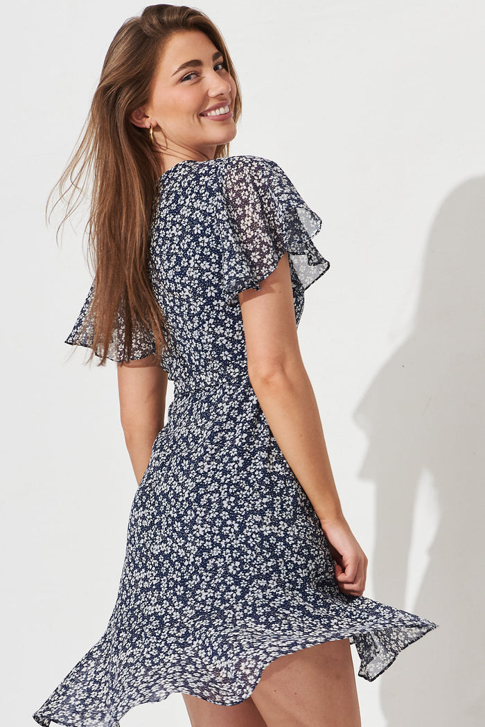 Solina Dress In Navy With White Ditsy Floral - side