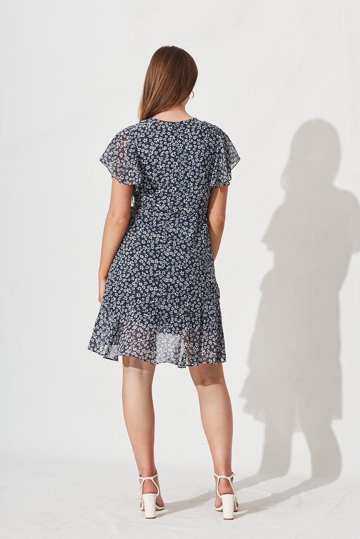 Solina Dress In Navy With White Ditsy Floral - back