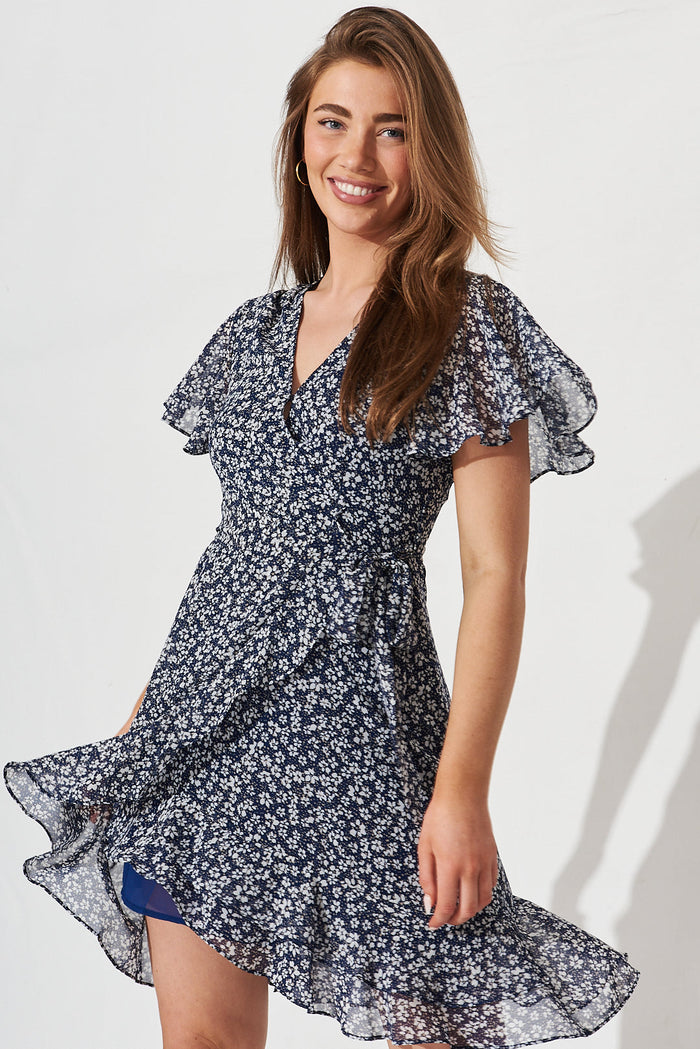 Solina Dress In Navy With White Ditsy Floral - front