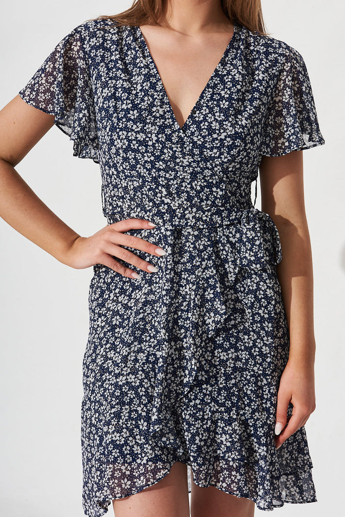 Solina Dress In Navy With White Ditsy Floral - detail