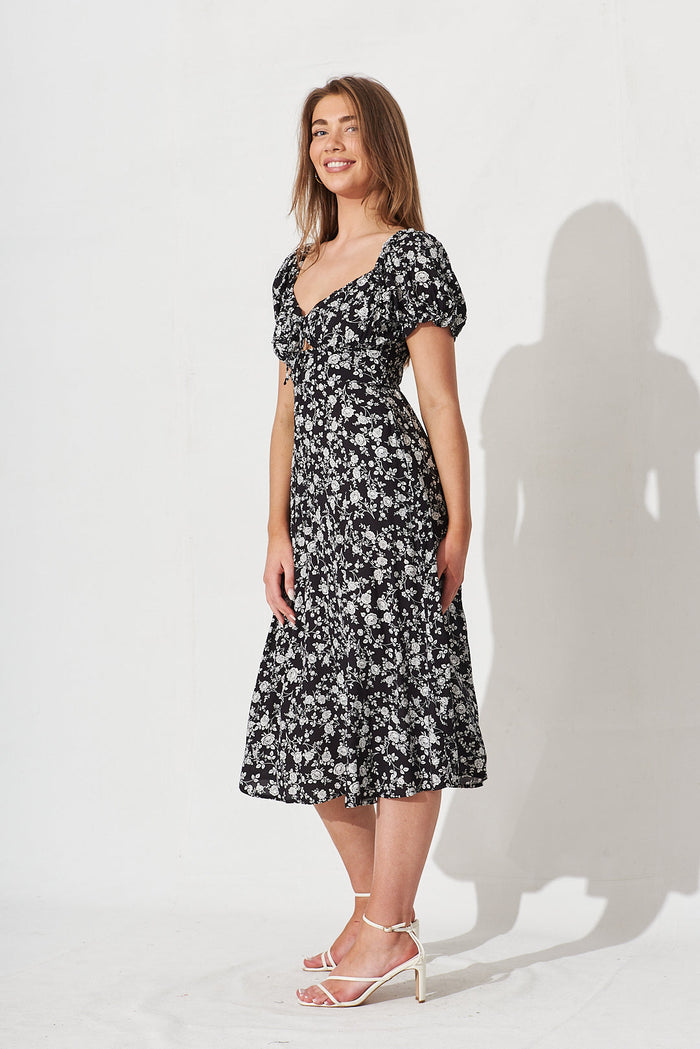 Kaydee Midi Dress In Black With White Floral - side