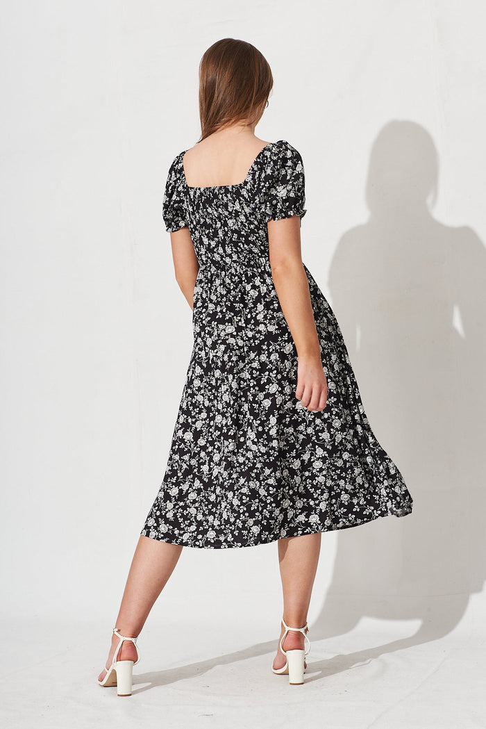 Kaydee Midi Dress In Black With White Floral - back