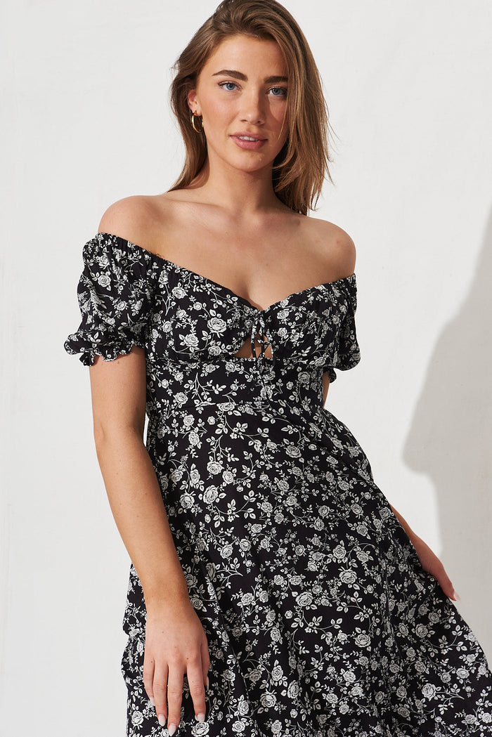Kaydee Midi Dress In Black With White Floral - front
