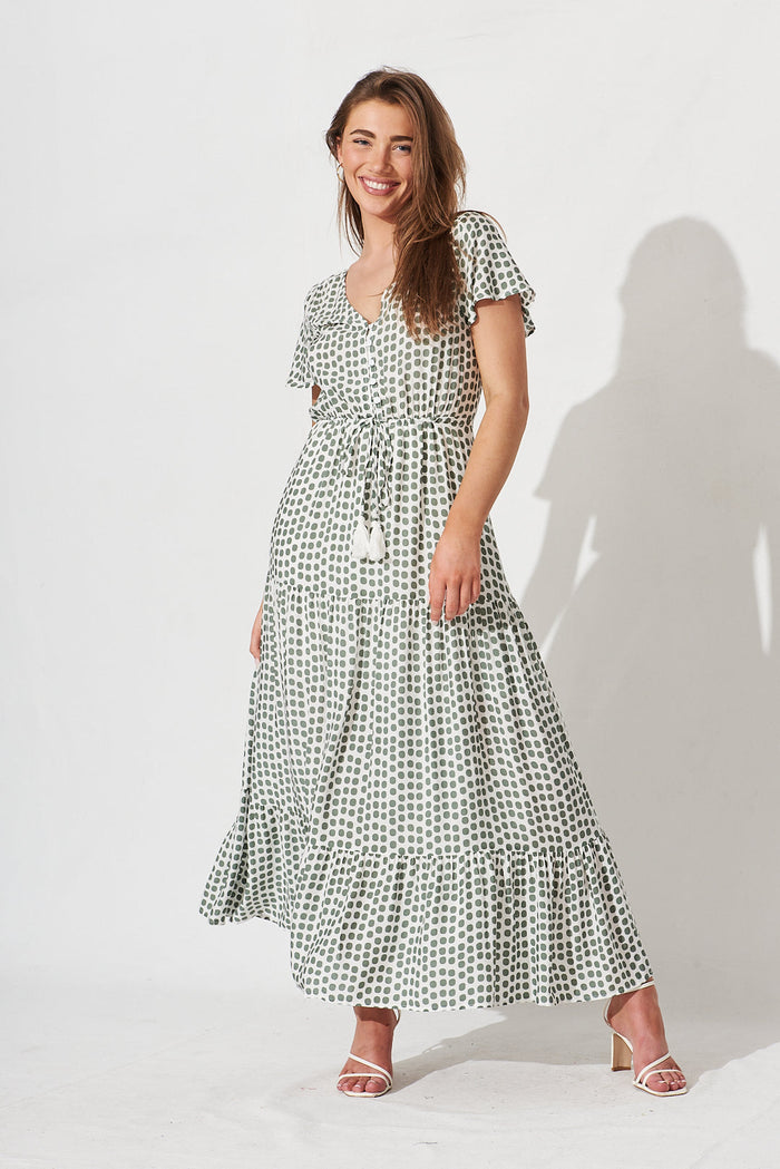 Lolana Maxi Dress In White With Green Spot - full length