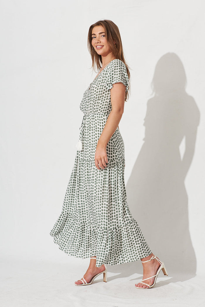Lolana Maxi Dress In White With Green Spot - side