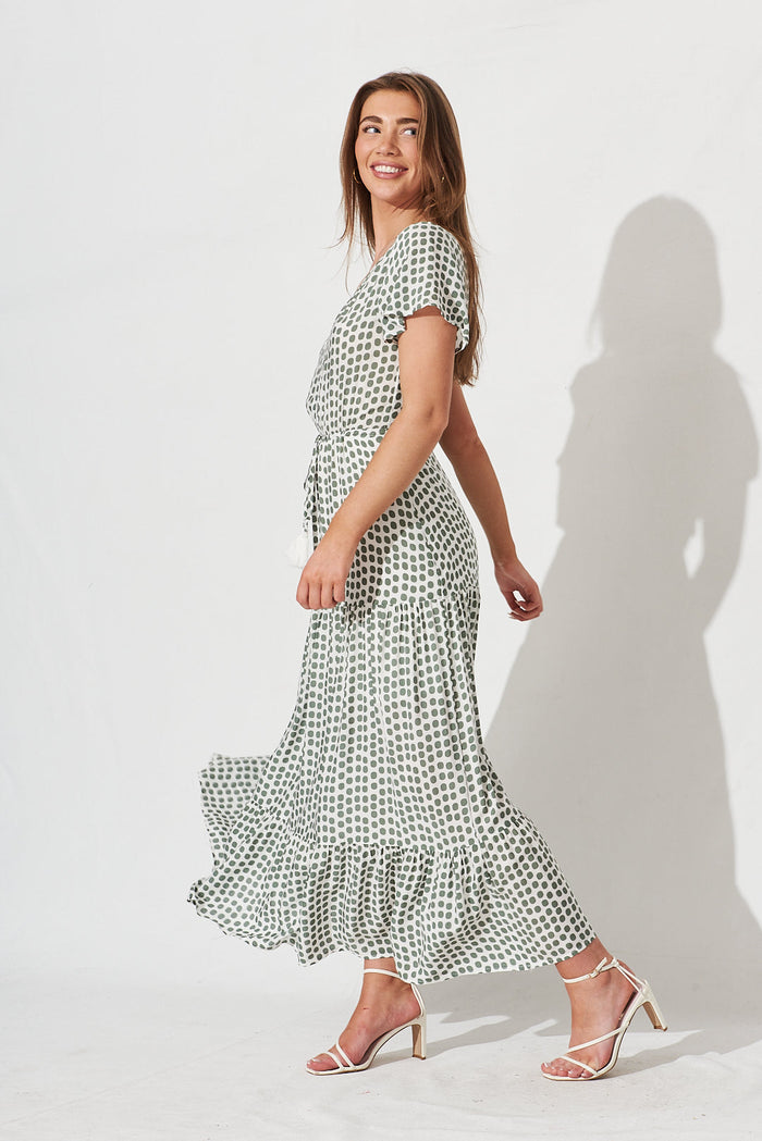 Lolana Maxi Dress In White With Green Spot - side
