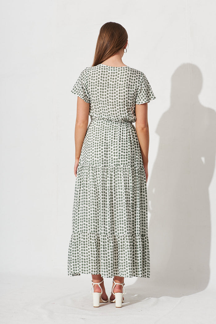 Lolana Maxi Dress In White With Green Spot - back