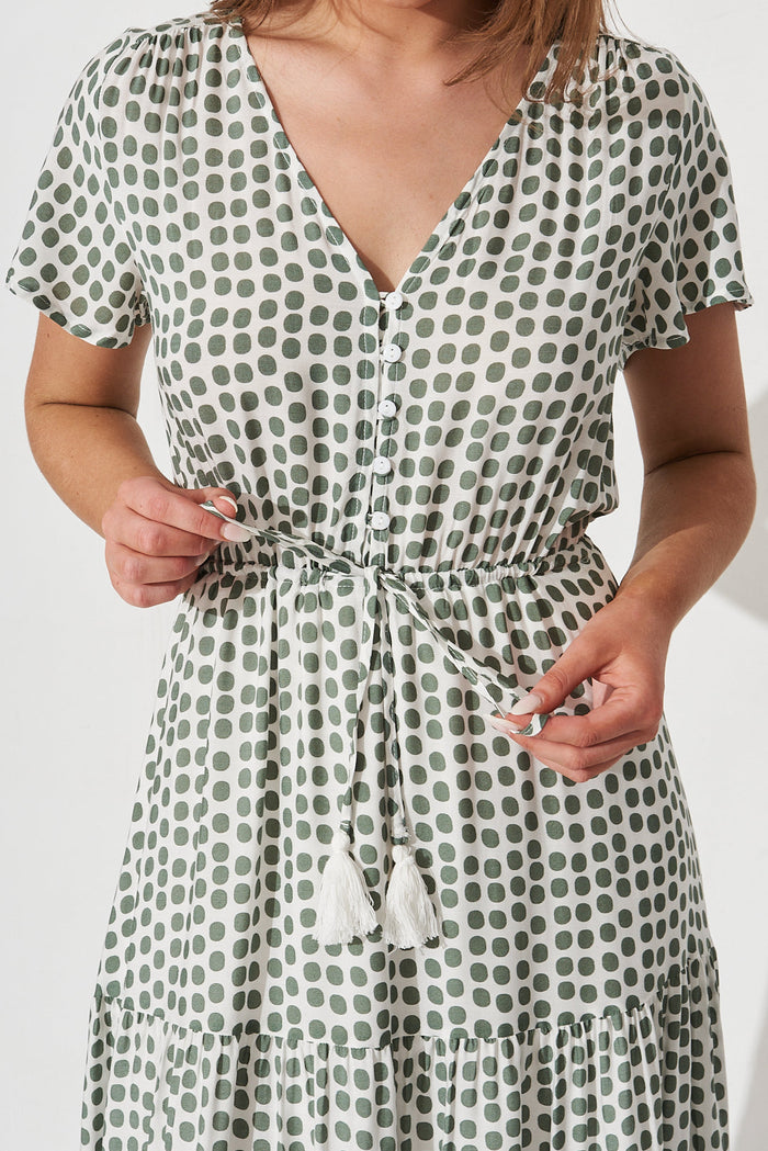 Lolana Maxi Dress In White With Green Spot - detail