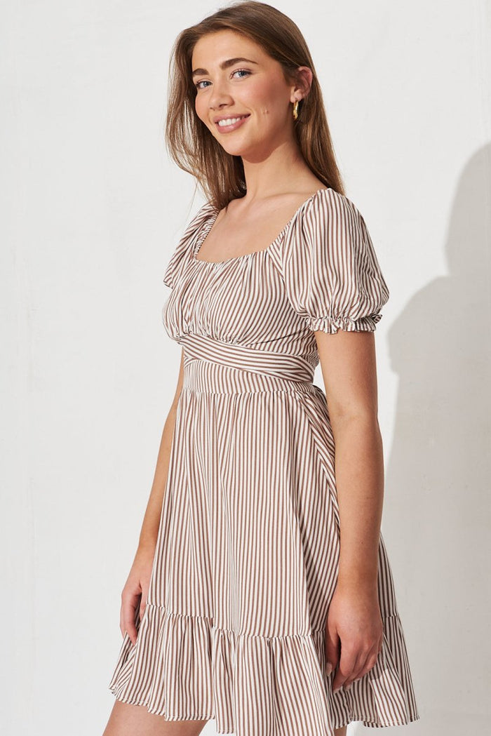 Caudalie Dress In White With Brown Stripe - St Frock (Dev)