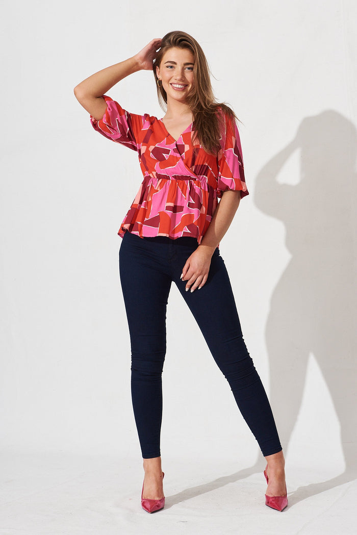 Rosalee Top In Pink Geometric - full length
