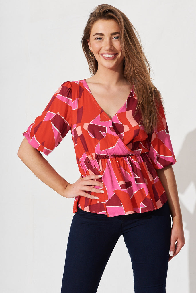 Rosalee Top In Pink Geometric - front