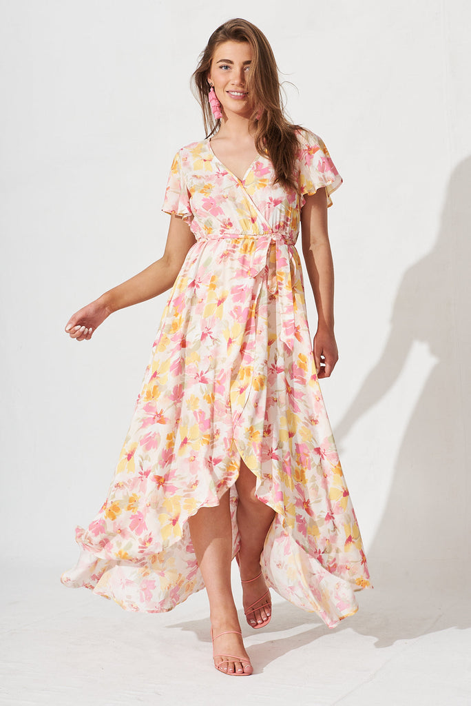 Lorelei Maxi Dress In White With Yellow And Pink Floral - full length