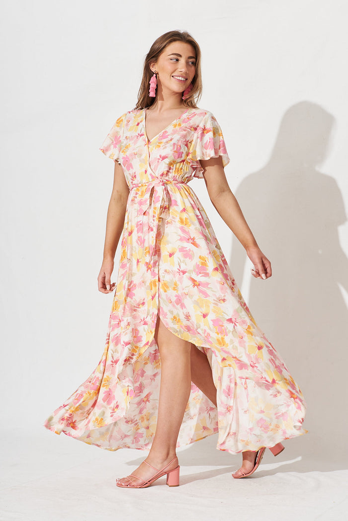 Lorelei Maxi Dress In White With Yellow And Pink Floral - side