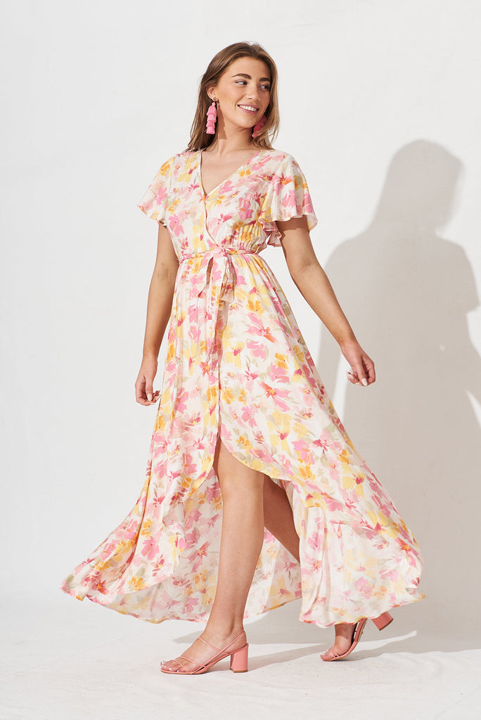 Lorelei Maxi Dress In White With Yellow And Pink Floral - side