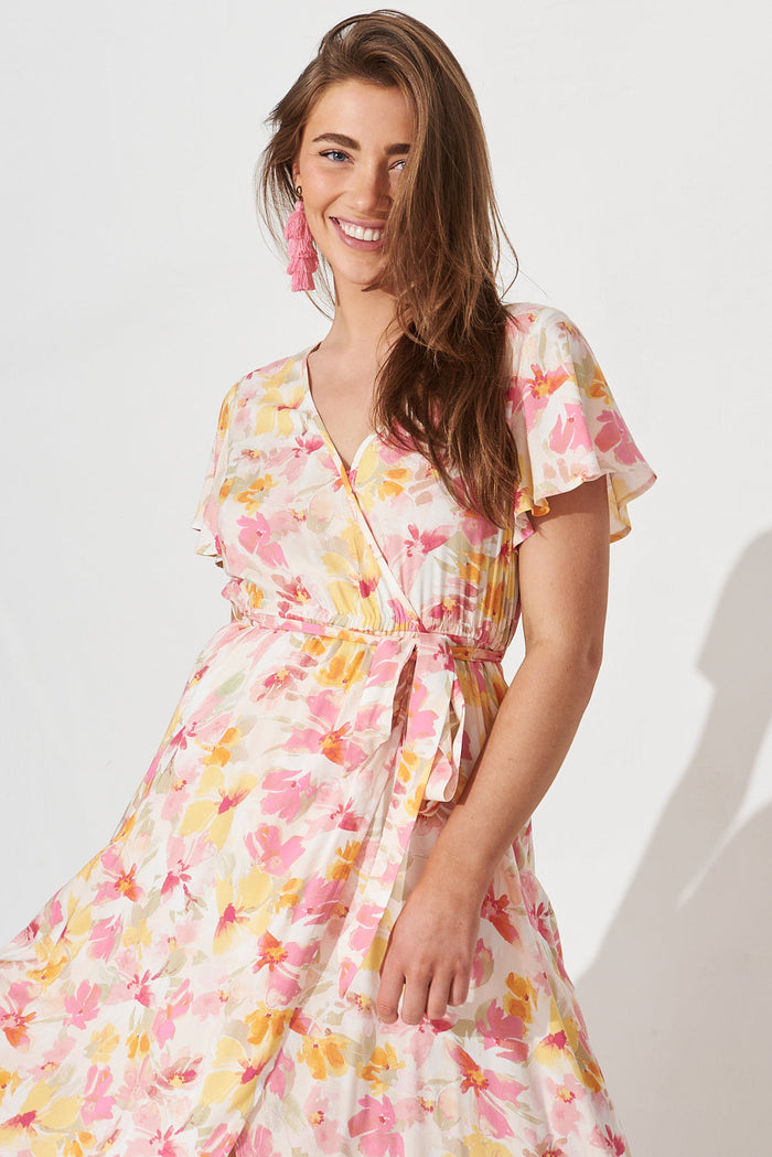 Lorelei Maxi Dress In White With Yellow And Pink Floral - front