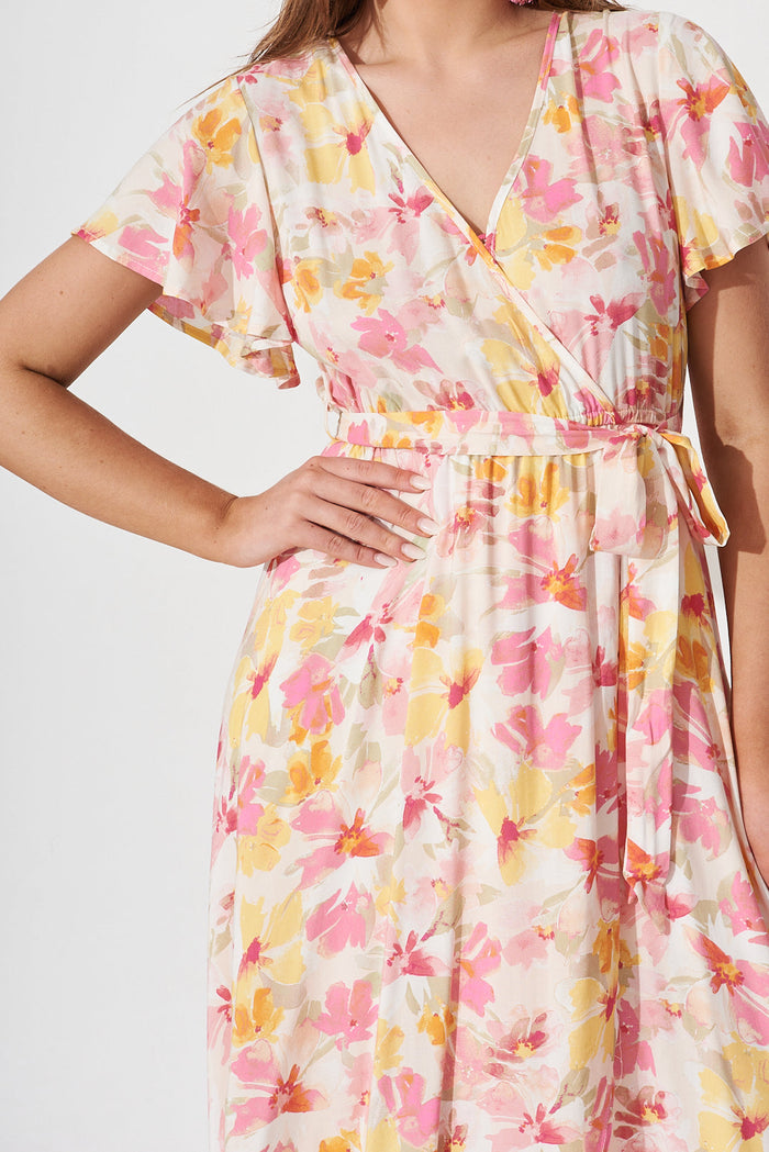 Lorelei Maxi Dress In White With Yellow And Pink Floral - detail