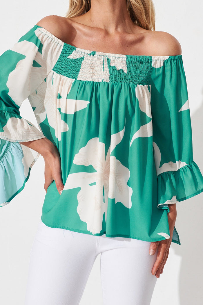 Sweet Life Top In Turquoise With White Floral - detail