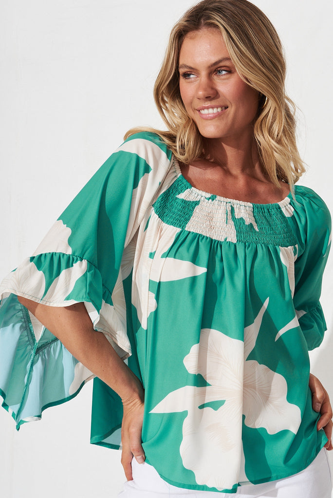 Sweet Life Top In Turquoise With White Floral - front