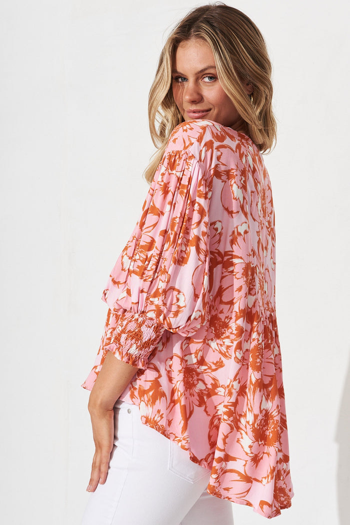 Hilee Top In Pink With Red Floral - side