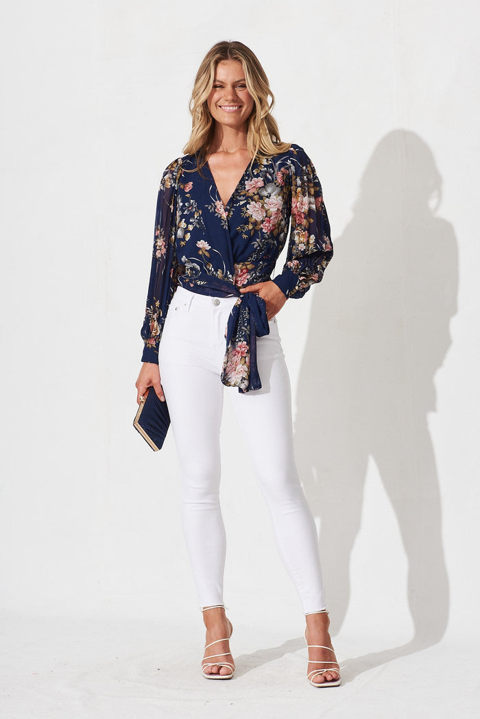 Gaya Wrap Top In Navy With Blush Floral Chiffon - full length
