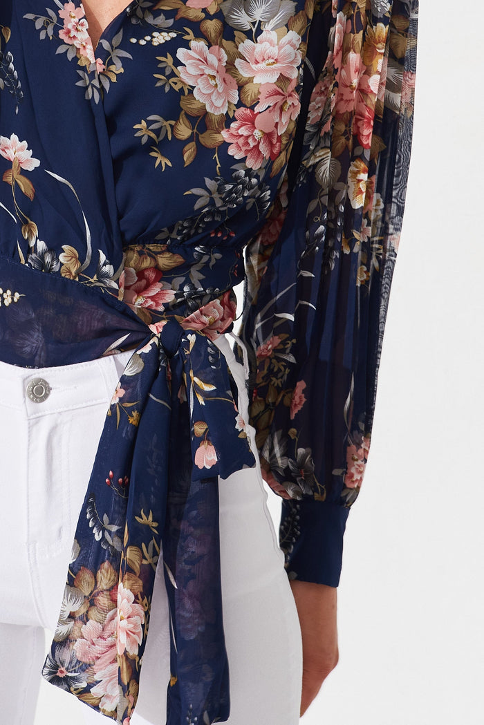 Gaya Wrap Top In Navy With Blush Floral Chiffon - detail