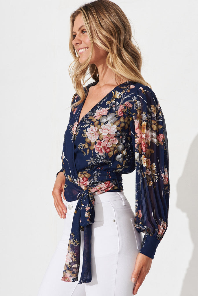 Gaya Wrap Top In Navy With Blush Floral Chiffon - side