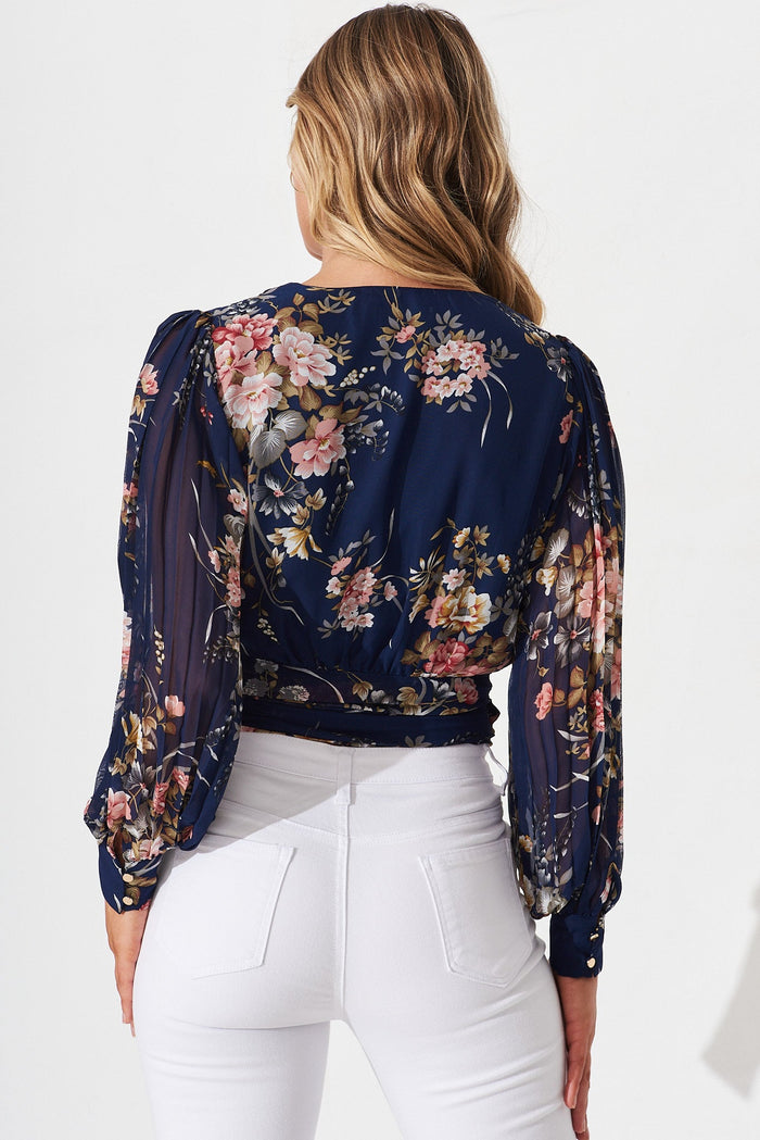 Gaya Wrap Top In Navy With Blush Floral Chiffon - back