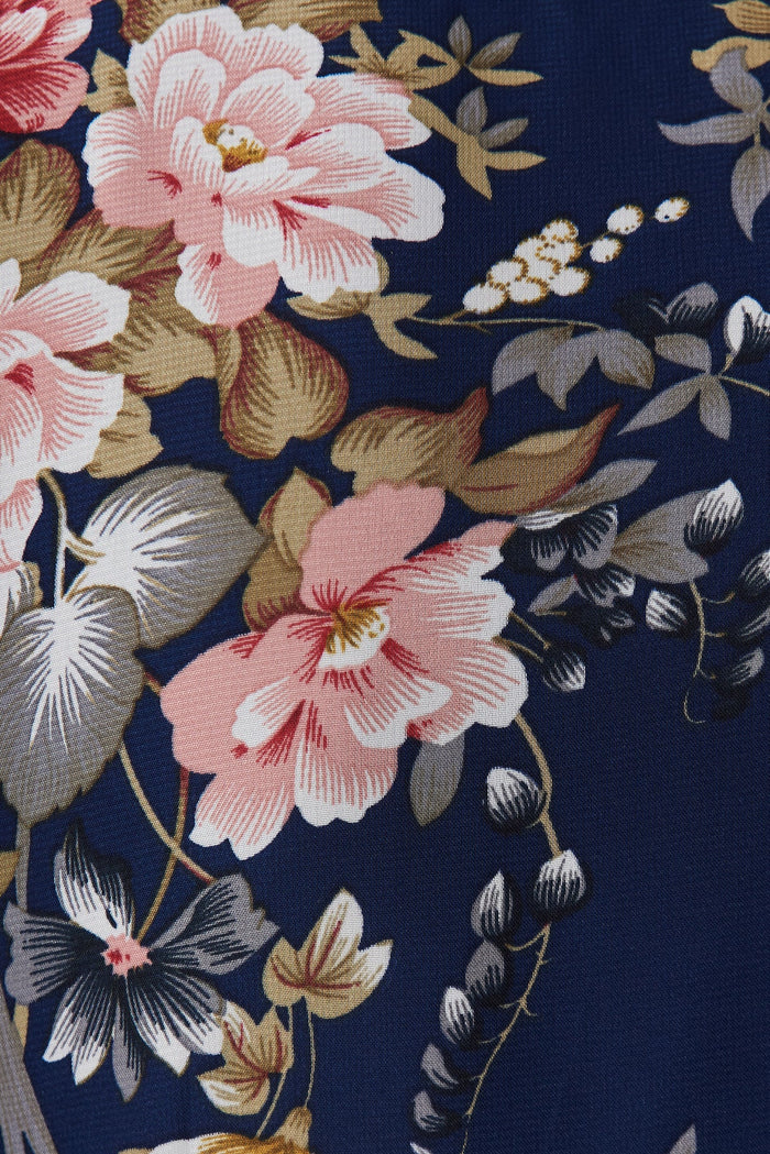Gaya Wrap Top In Navy With Blush Floral Chiffon - fabric