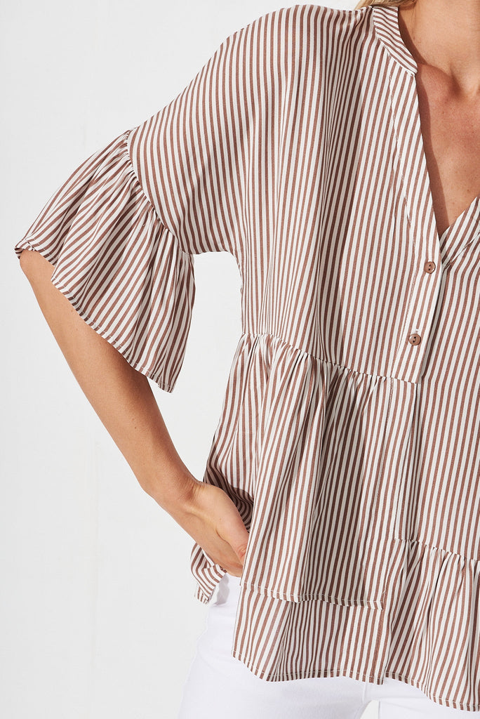 Relia Top In White With Brown Stripe - detail