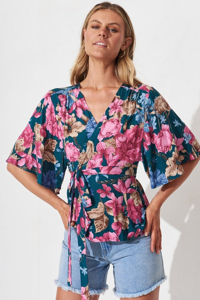 Brynlee Wrap Top In Teal With Pink Floral - St Frock (Dev)
