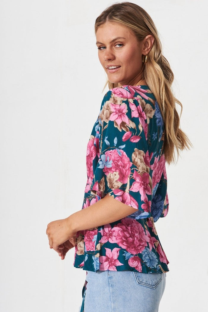 Brynlee Wrap Top In Teal With Pink Floral - St Frock (Dev)