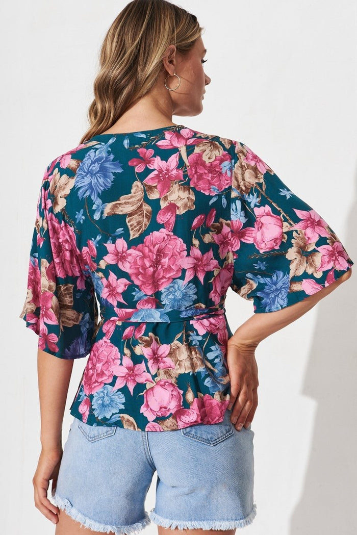 Brynlee Wrap Top In Teal With Pink Floral - St Frock (Dev)