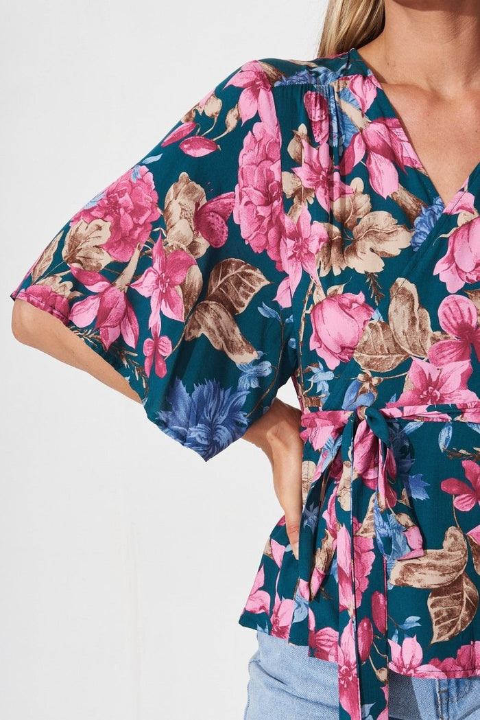 Brynlee Wrap Top In Teal With Pink Floral - St Frock (Dev)
