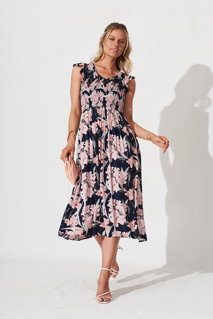 Draca Midi Dress In Navy With Pink Floral - full length