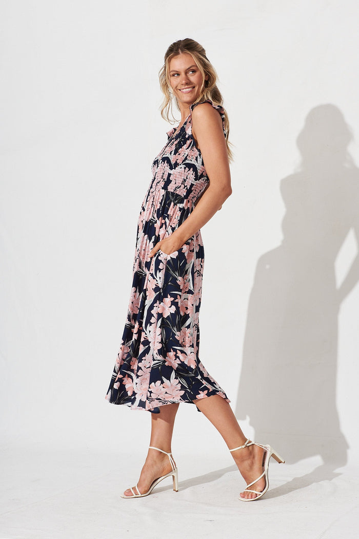 Draca Midi Dress In Navy With Pink Floral - side