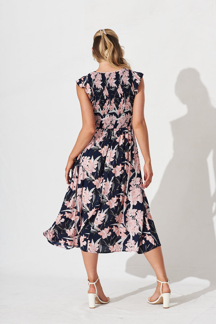 Draca Midi Dress In Navy With Pink Floral - back
