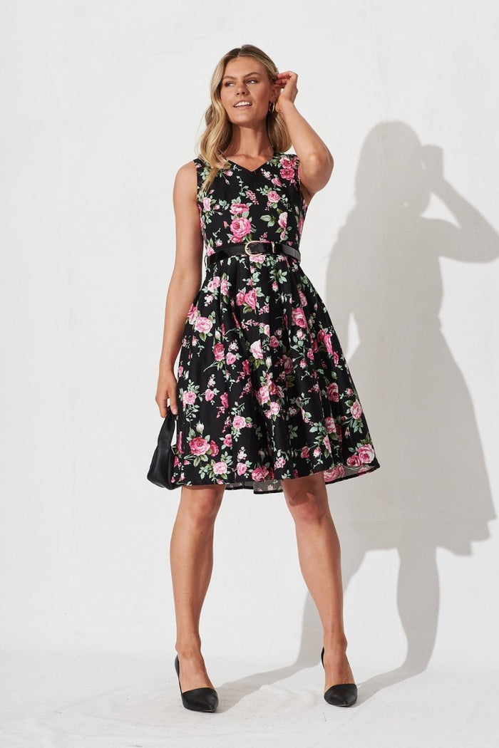 Bryne Dress In Black With Pink Floral - St Frock (Dev)