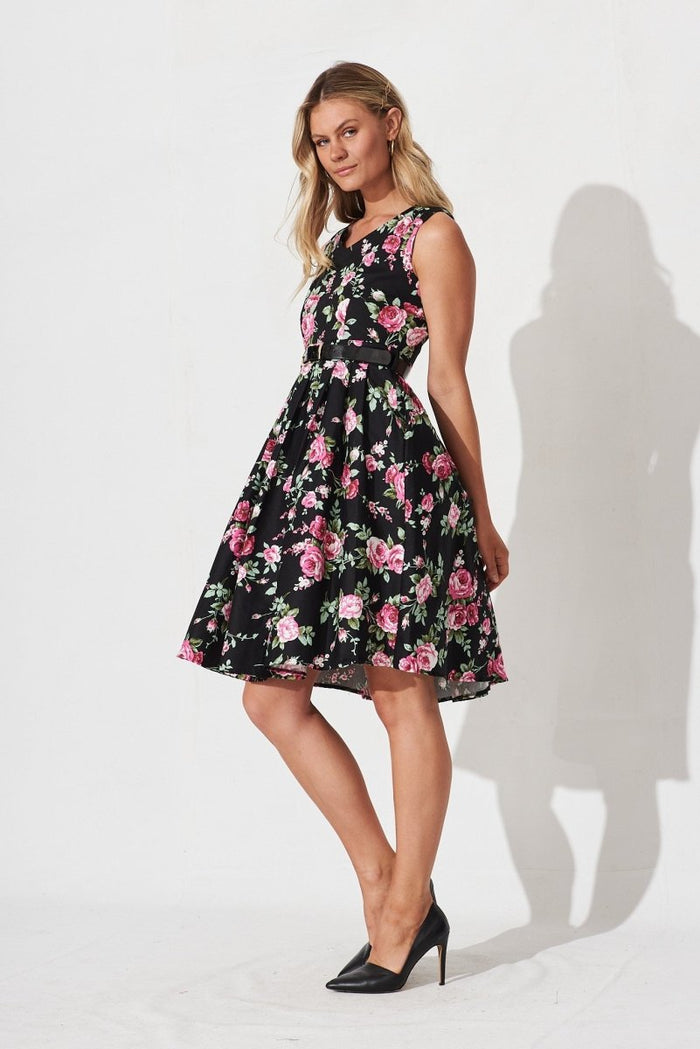 Bryne Dress In Black With Pink Floral - St Frock (Dev)