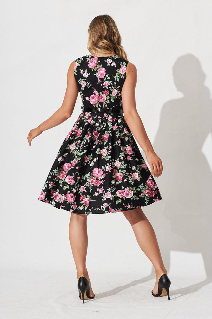 Bryne Dress In Black With Pink Floral - St Frock (Dev)