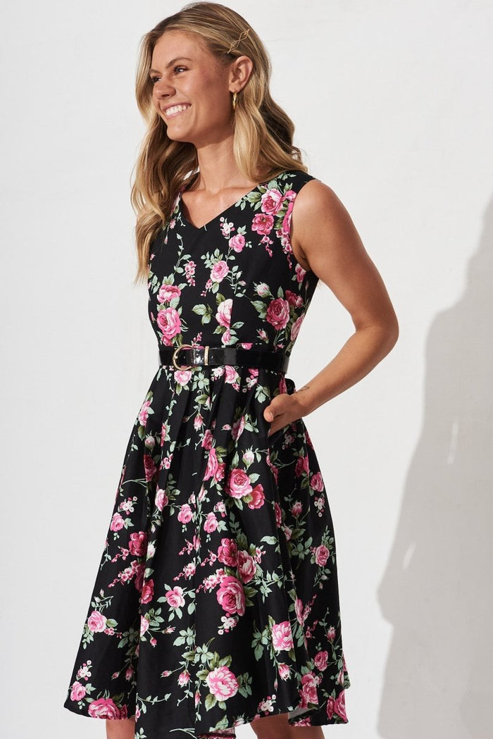 Bryne Dress In Black With Pink Floral - St Frock (Dev)