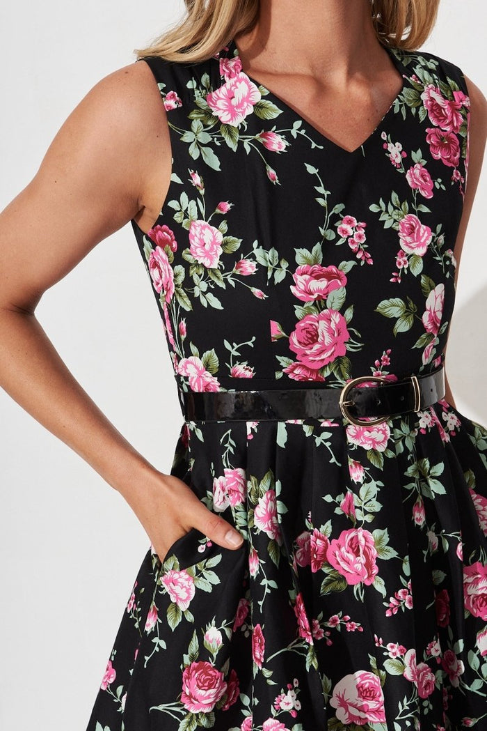 Bryne Dress In Black With Pink Floral - St Frock (Dev)