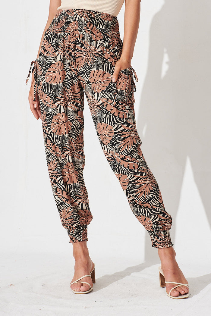 Gabby Lounge Pants In Black With Brown Leaf - front