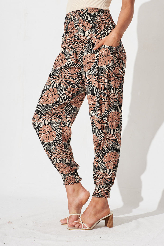 Gabby Lounge Pants In Black With Brown Leaf - side