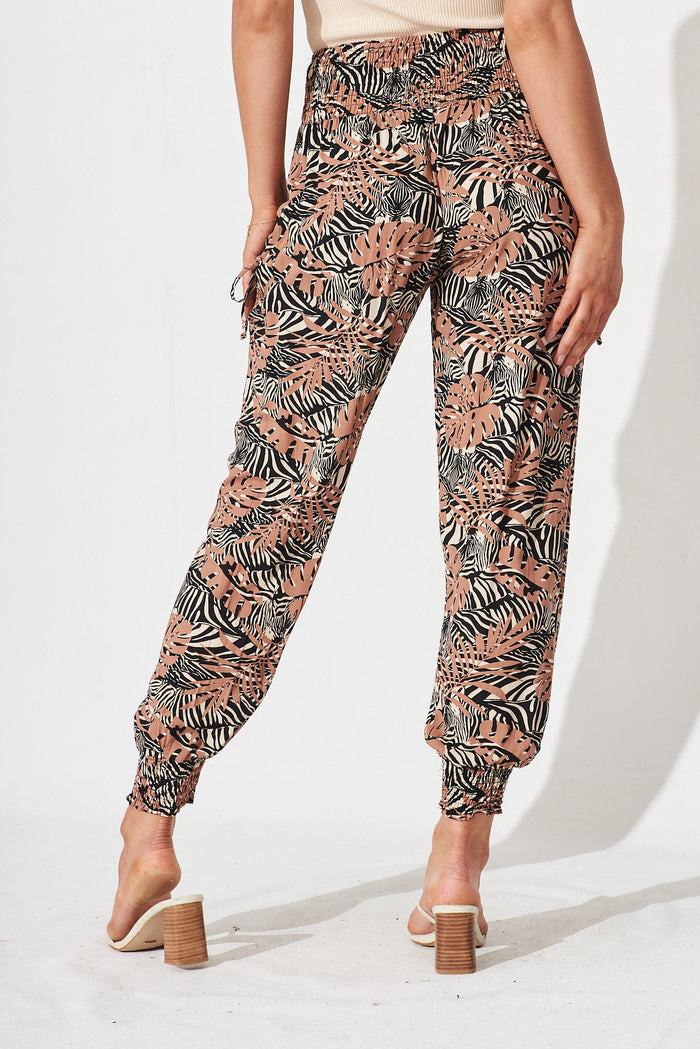Gabby Lounge Pants In Black With Brown Leaf - back