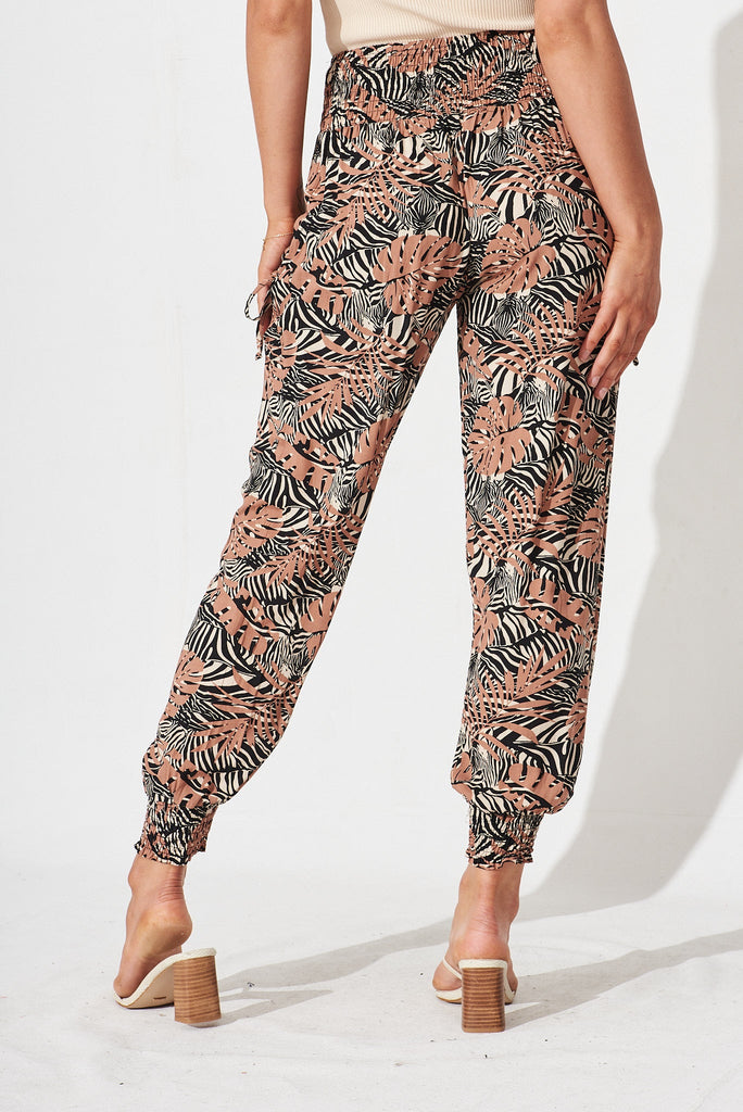 Gabby Lounge Pants In Black With Brown Leaf - back