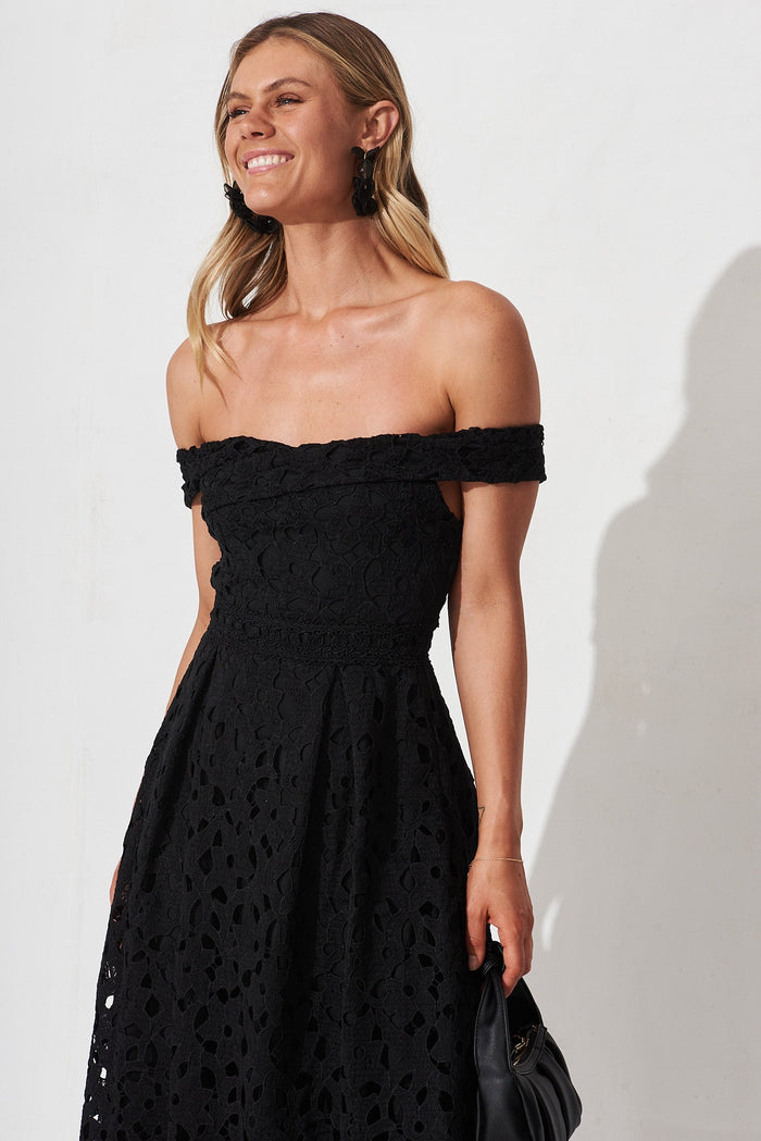 Stef Midi Dress In Black Lace - front