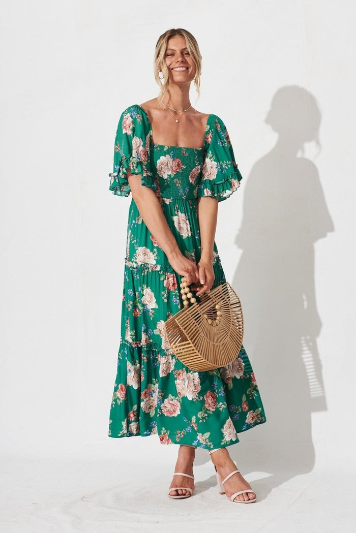 Casia Maxi Dress In Green With Beige Floral - St Frock (Dev)