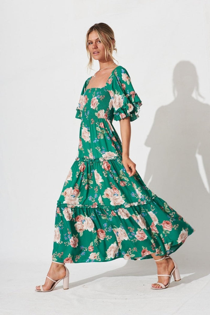 Casia Maxi Dress In Green With Beige Floral - St Frock (Dev)