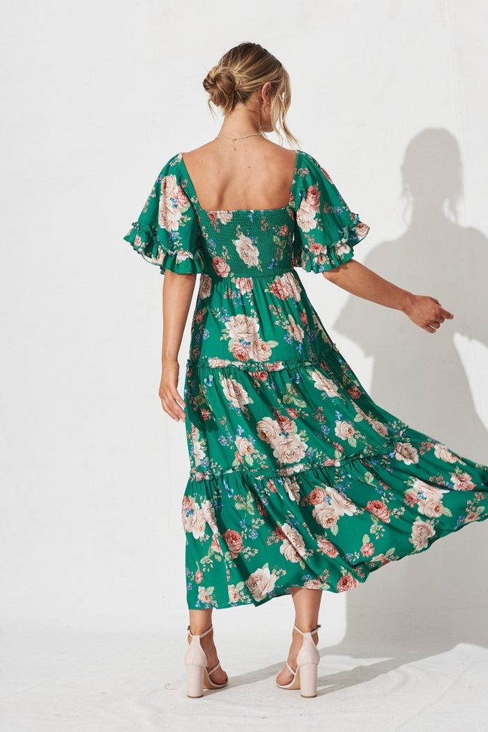 Casia Maxi Dress In Green With Beige Floral - St Frock (Dev)