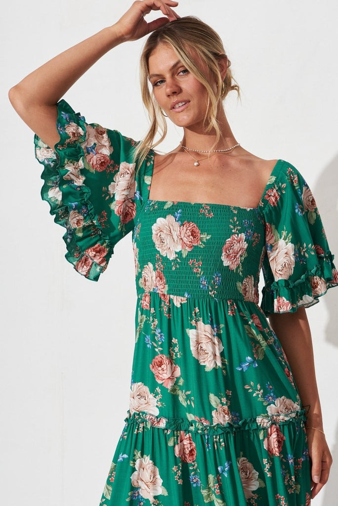 Casia Maxi Dress In Green With Beige Floral - St Frock (Dev)